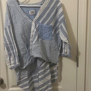 Striped Blue and White V-Neck Button Front Top